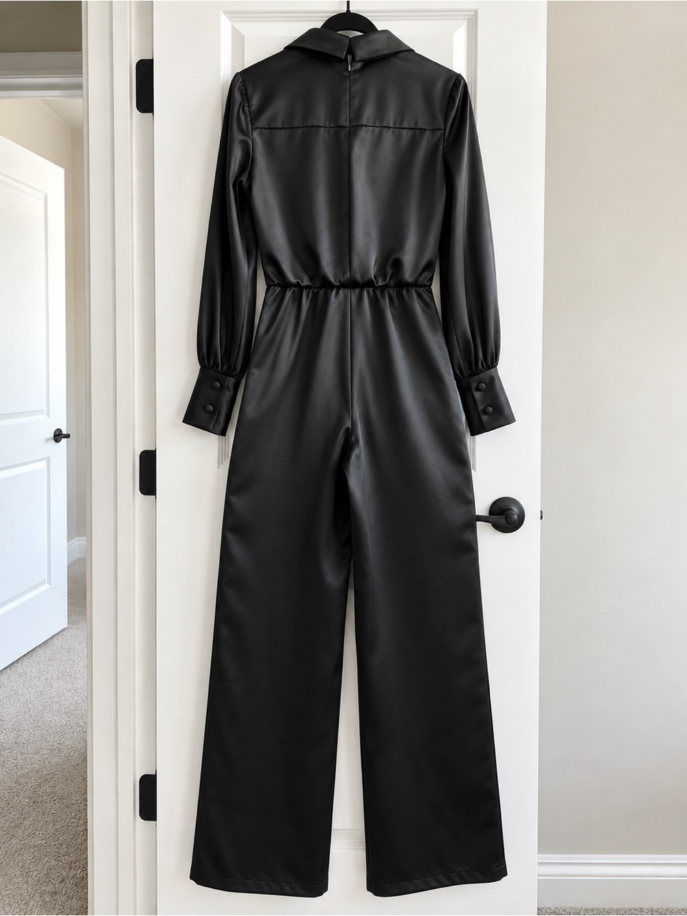 Xscape Black Faux Leather Long-Sleeve Jumpsuit